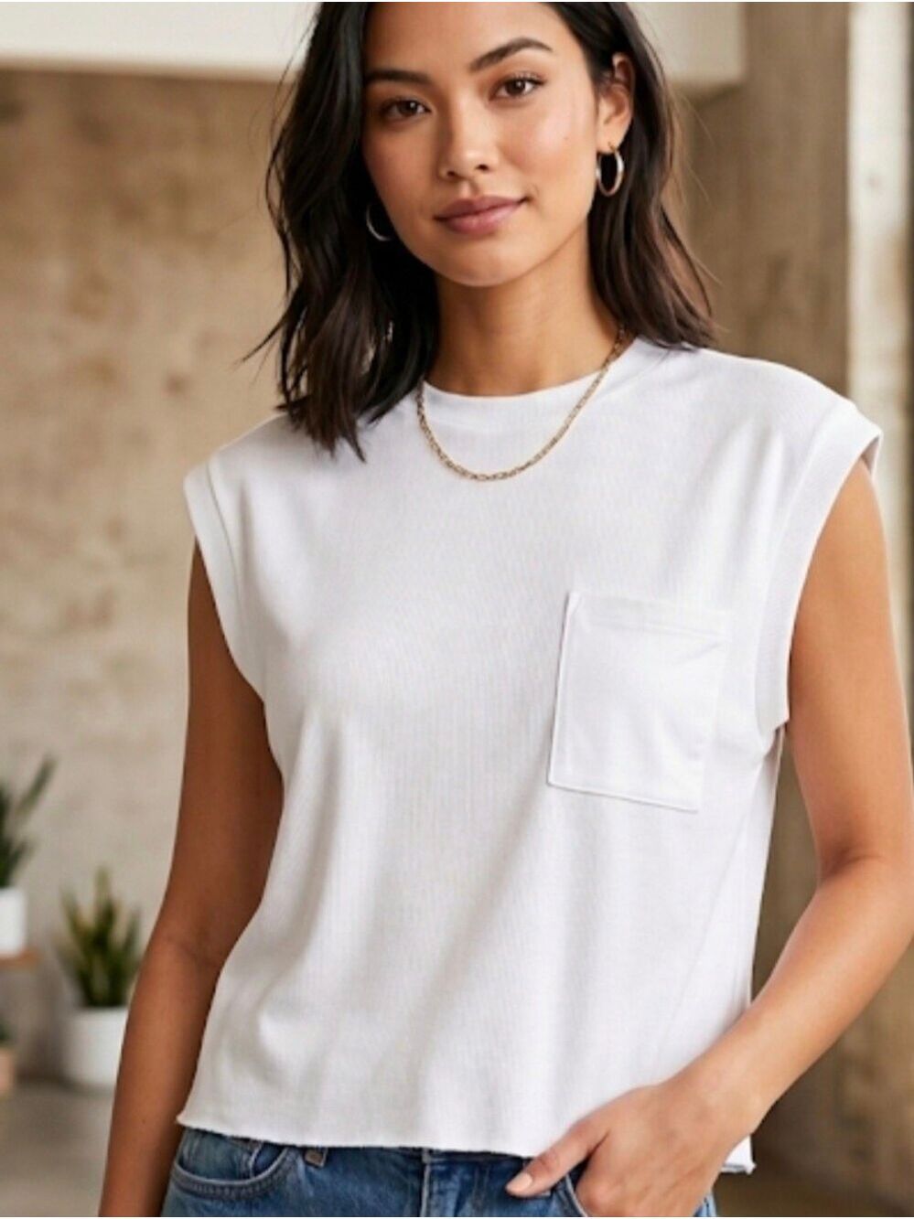 #0317 T.J.Maxx White Ribbed Pocket Tank Top